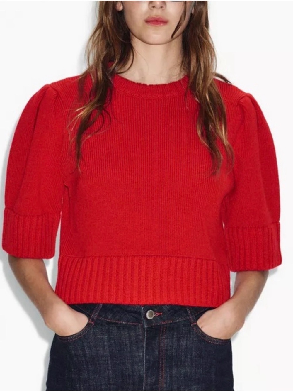 Zara Red Short Sleeve Ribbed Knit Sweater